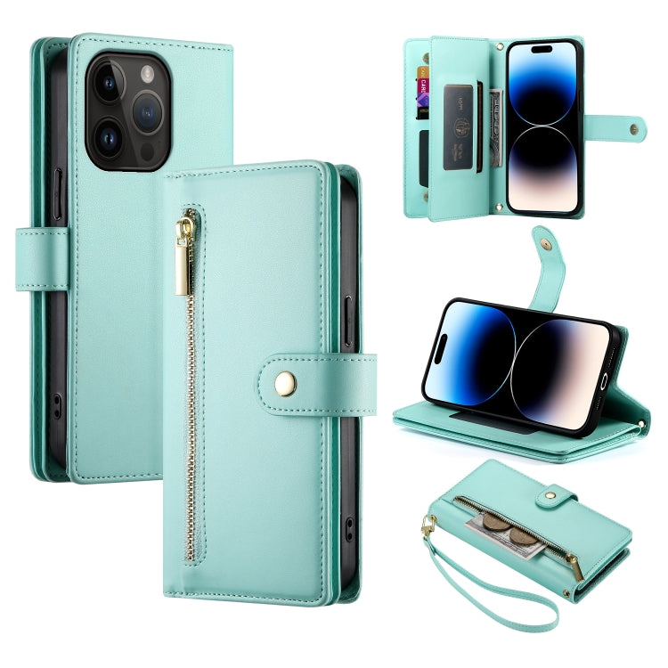 For iPhone 14 Pro Nine Card-slot Zipper Wallet Bag Leather Phone Case(Mint Green) - iPhone 14 Pro Cases by buy2fix | Online Shopping UK | buy2fix