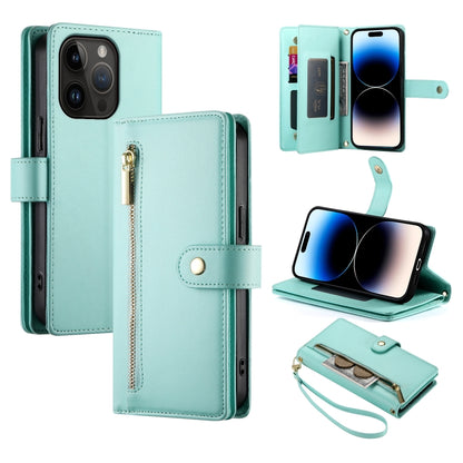 For iPhone 14 Pro Nine Card-slot Zipper Wallet Bag Leather Phone Case(Mint Green) - iPhone 14 Pro Cases by buy2fix | Online Shopping UK | buy2fix