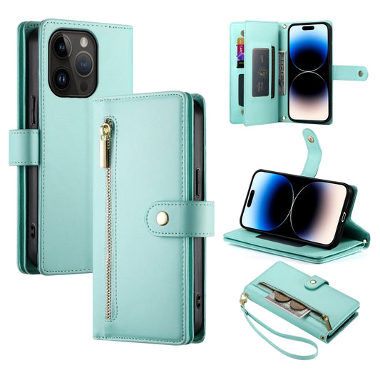 For iPhone 14 Pro Nine Card-slot Zipper Wallet Bag Leather Phone Case(Mint Green) - iPhone 14 Pro Cases by buy2fix | Online Shopping UK | buy2fix
