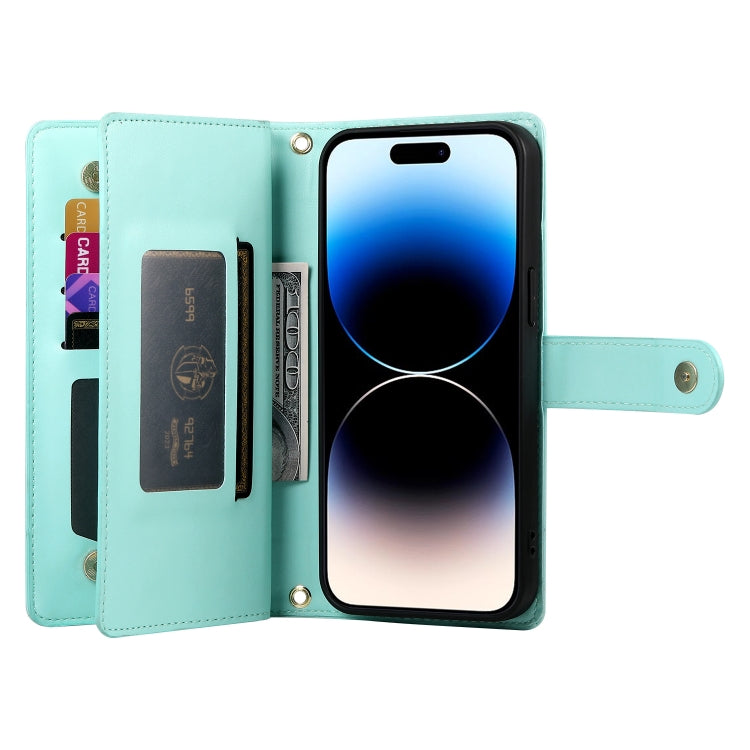 For iPhone 14 Pro Nine Card-slot Zipper Wallet Bag Leather Phone Case(Mint Green) - iPhone 14 Pro Cases by buy2fix | Online Shopping UK | buy2fix