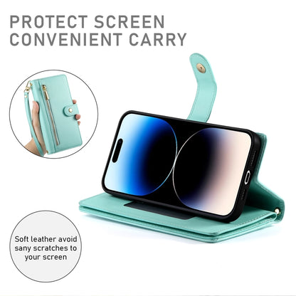 For iPhone 14 Pro Nine Card-slot Zipper Wallet Bag Leather Phone Case(Mint Green) - iPhone 14 Pro Cases by buy2fix | Online Shopping UK | buy2fix