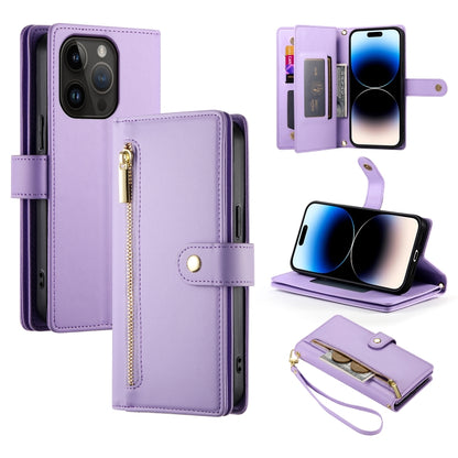 For iPhone 14 Pro Nine Card-slot Zipper Wallet Bag Leather Phone Case(Purple) - iPhone 14 Pro Cases by buy2fix | Online Shopping UK | buy2fix