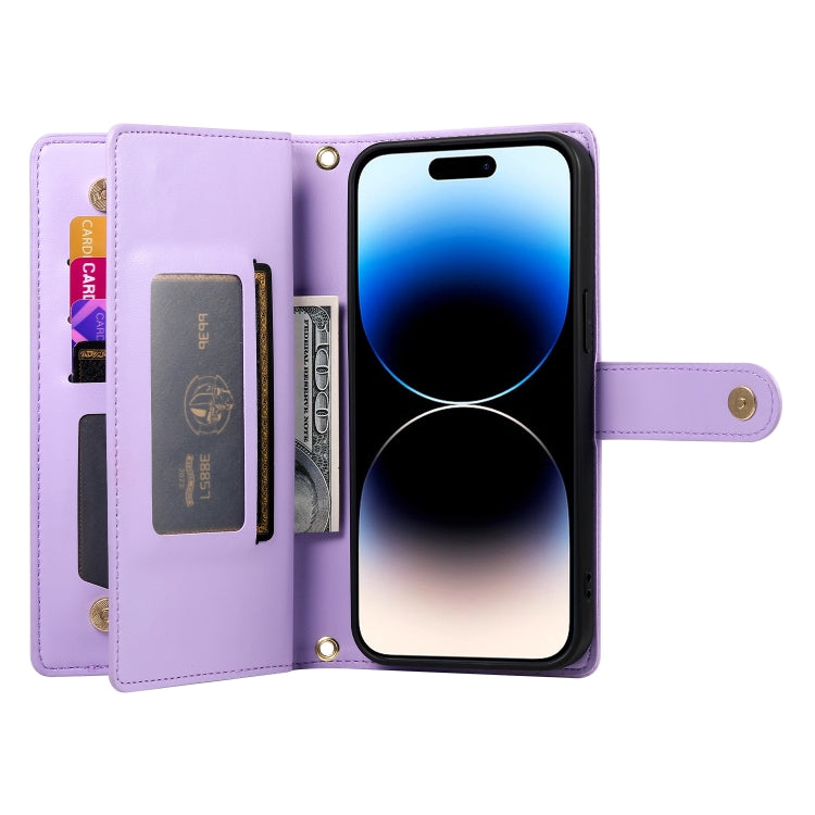 For iPhone 14 Pro Nine Card-slot Zipper Wallet Bag Leather Phone Case(Purple) - iPhone 14 Pro Cases by buy2fix | Online Shopping UK | buy2fix