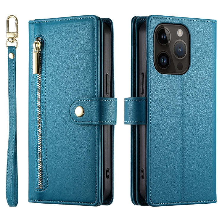 For iPhone 14 Pro Nine Card-slot Zipper Wallet Bag Leather Phone Case(Blue) - iPhone 14 Pro Cases by buy2fix | Online Shopping UK | buy2fix