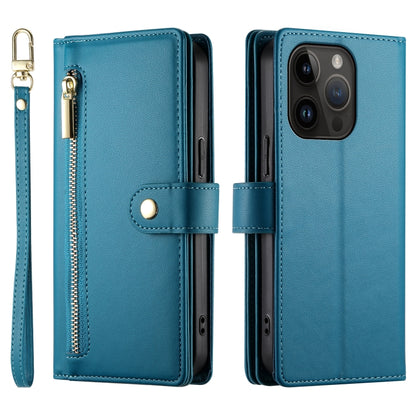 For iPhone 14 Pro Nine Card-slot Zipper Wallet Bag Leather Phone Case(Blue) - iPhone 14 Pro Cases by buy2fix | Online Shopping UK | buy2fix