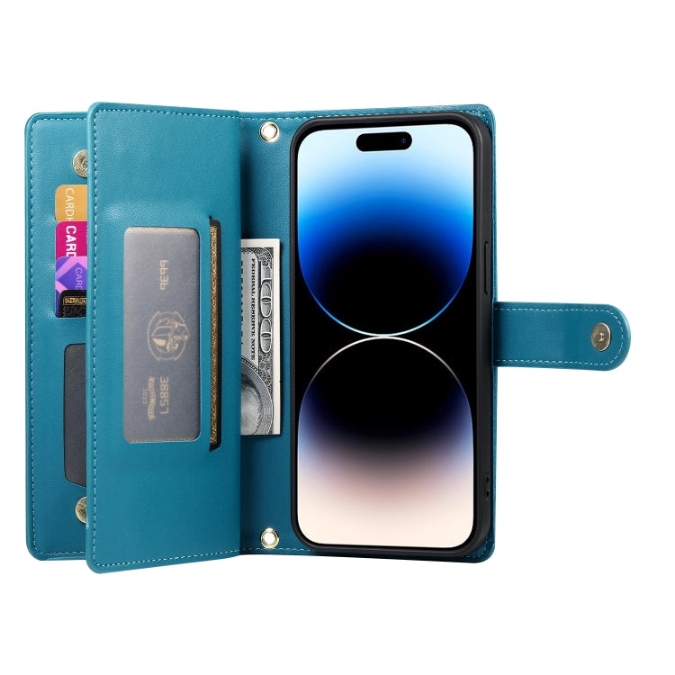 For iPhone 14 Pro Nine Card-slot Zipper Wallet Bag Leather Phone Case(Blue) - iPhone 14 Pro Cases by buy2fix | Online Shopping UK | buy2fix
