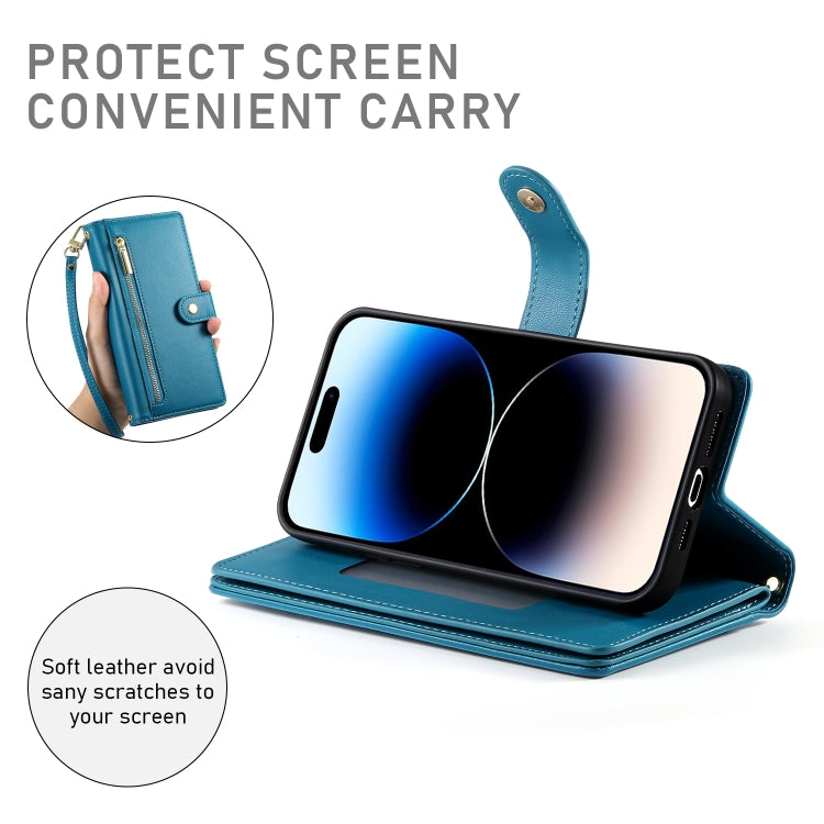 For iPhone 14 Pro Nine Card-slot Zipper Wallet Bag Leather Phone Case(Blue) - iPhone 14 Pro Cases by buy2fix | Online Shopping UK | buy2fix
