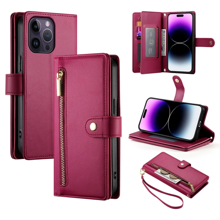 For iPhone 14 Pro Max Nine Card-slot Zipper Wallet Bag Leather Phone Case(Red) - iPhone 14 Pro Max Cases by buy2fix | Online Shopping UK | buy2fix