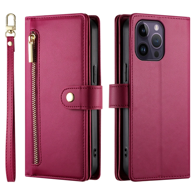 For iPhone 14 Pro Max Nine Card-slot Zipper Wallet Bag Leather Phone Case(Red) - iPhone 14 Pro Max Cases by buy2fix | Online Shopping UK | buy2fix