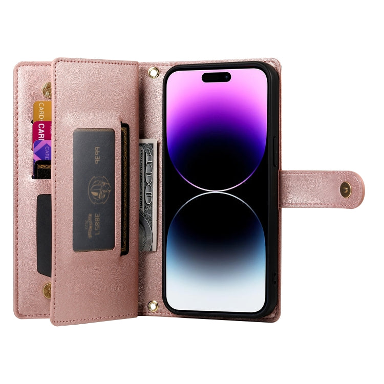 For iPhone 14 Pro Max Nine Card-slot Zipper Wallet Bag Leather Phone Case(Pink) - iPhone 14 Pro Max Cases by buy2fix | Online Shopping UK | buy2fix