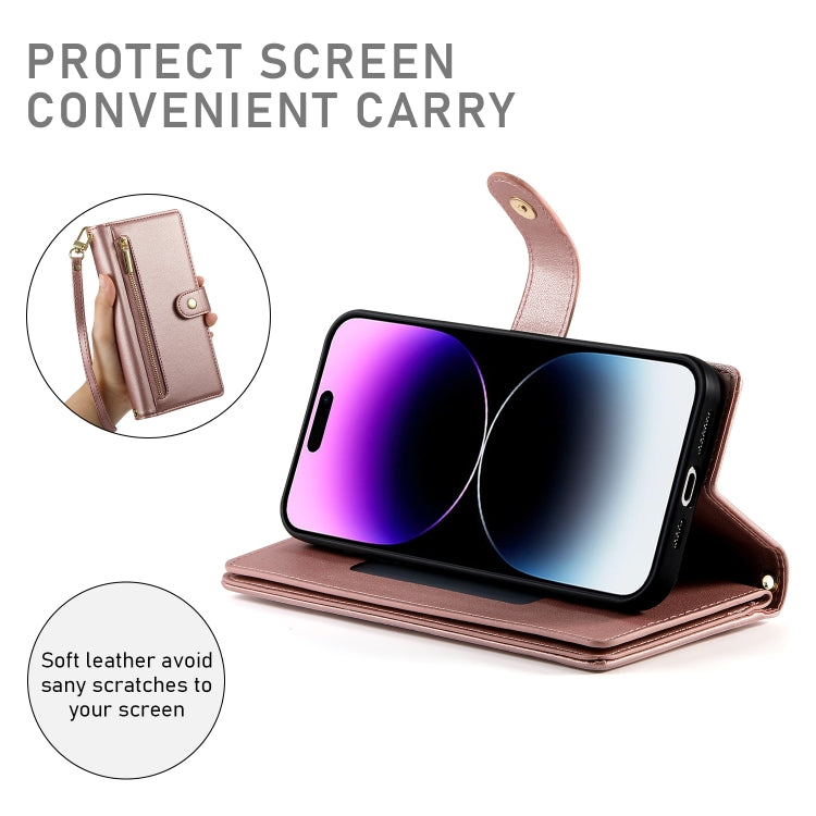 For iPhone 14 Pro Max Nine Card-slot Zipper Wallet Bag Leather Phone Case(Pink) - iPhone 14 Pro Max Cases by buy2fix | Online Shopping UK | buy2fix