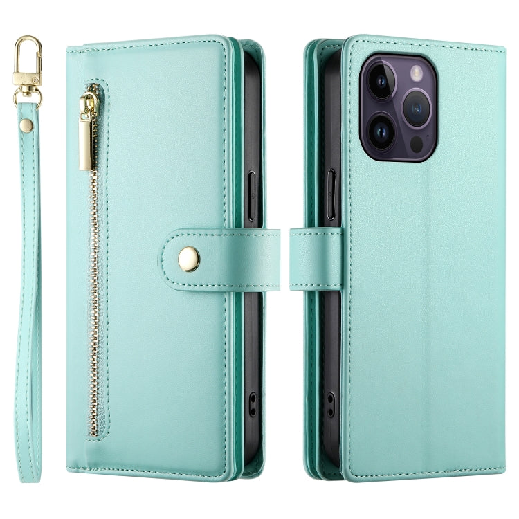 For iPhone 14 Pro Max Nine Card-slot Zipper Wallet Bag Leather Phone Case(Mint Green) - iPhone 14 Pro Max Cases by buy2fix | Online Shopping UK | buy2fix
