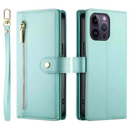 For iPhone 14 Pro Max Nine Card-slot Zipper Wallet Bag Leather Phone Case(Mint Green) - iPhone 14 Pro Max Cases by buy2fix | Online Shopping UK | buy2fix