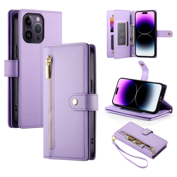 For iPhone 14 Pro Max Nine Card-slot Zipper Wallet Bag Leather Phone Case(Purple) - iPhone 14 Pro Max Cases by buy2fix | Online Shopping UK | buy2fix