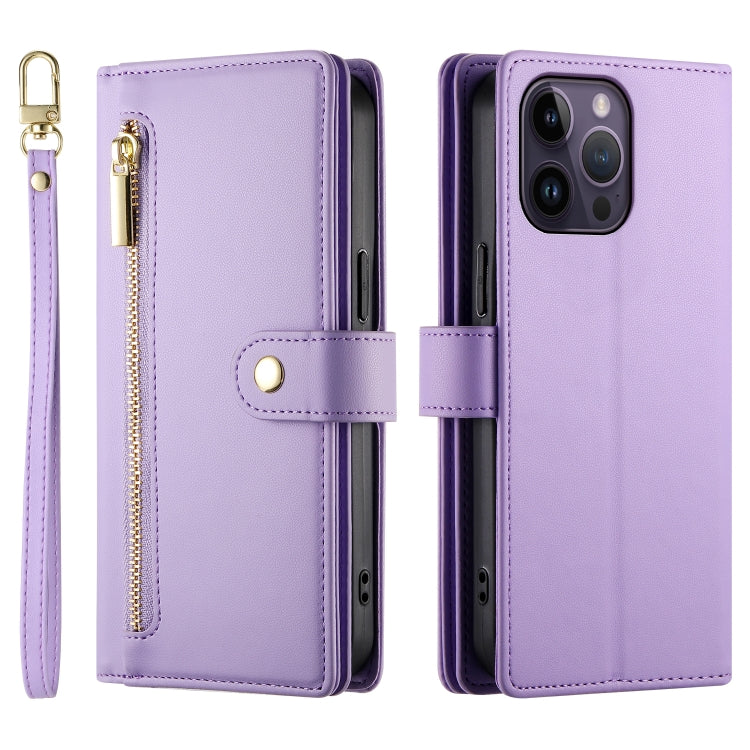 For iPhone 14 Pro Max Nine Card-slot Zipper Wallet Bag Leather Phone Case(Purple) - iPhone 14 Pro Max Cases by buy2fix | Online Shopping UK | buy2fix