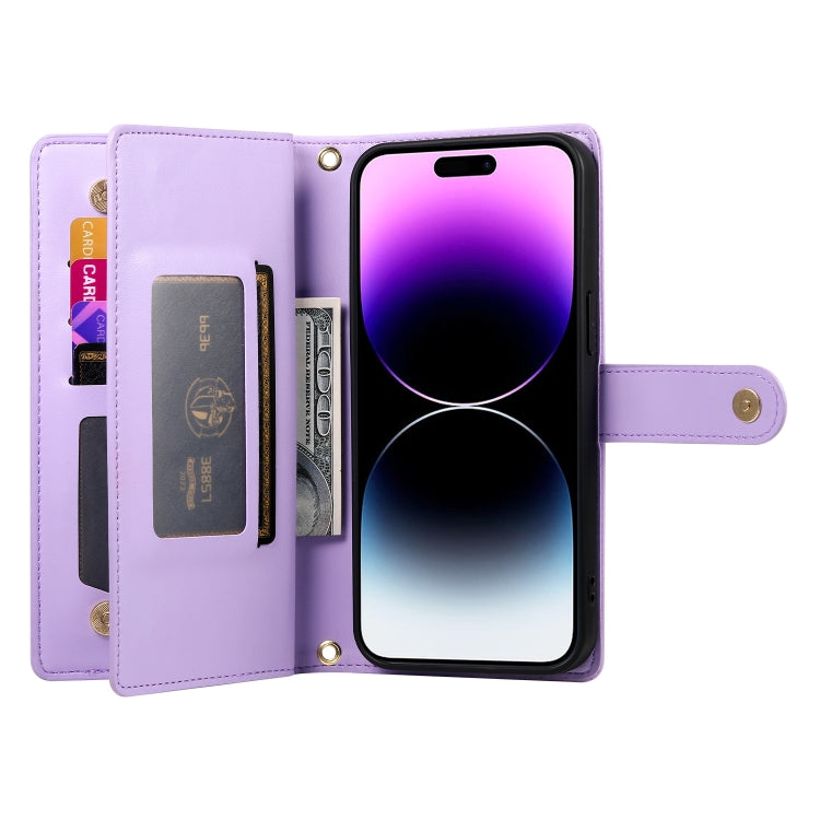 For iPhone 14 Pro Max Nine Card-slot Zipper Wallet Bag Leather Phone Case(Purple) - iPhone 14 Pro Max Cases by buy2fix | Online Shopping UK | buy2fix