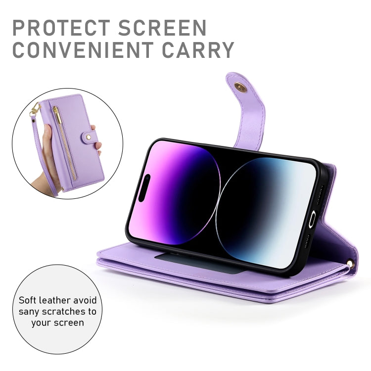 For iPhone 14 Pro Max Nine Card-slot Zipper Wallet Bag Leather Phone Case(Purple) - iPhone 14 Pro Max Cases by buy2fix | Online Shopping UK | buy2fix