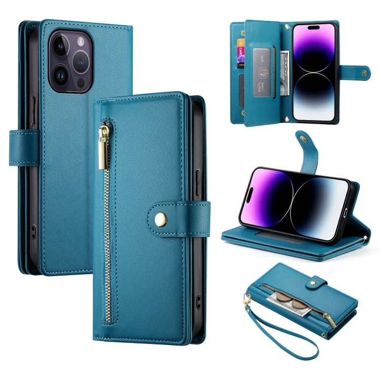 For iPhone 14 Pro Max Nine Card-slot Zipper Wallet Bag Leather Phone Case(Blue) - iPhone 14 Pro Max Cases by buy2fix | Online Shopping UK | buy2fix