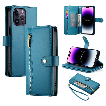For iPhone 14 Pro Max Nine Card-slot Zipper Wallet Bag Leather Phone Case(Blue) - iPhone 14 Pro Max Cases by buy2fix | Online Shopping UK | buy2fix