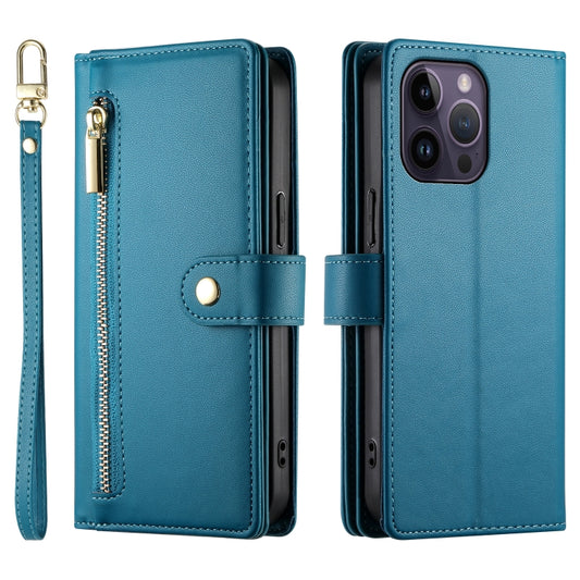 For iPhone 14 Pro Max Nine Card-slot Zipper Wallet Bag Leather Phone Case(Blue) - iPhone 14 Pro Max Cases by buy2fix | Online Shopping UK | buy2fix