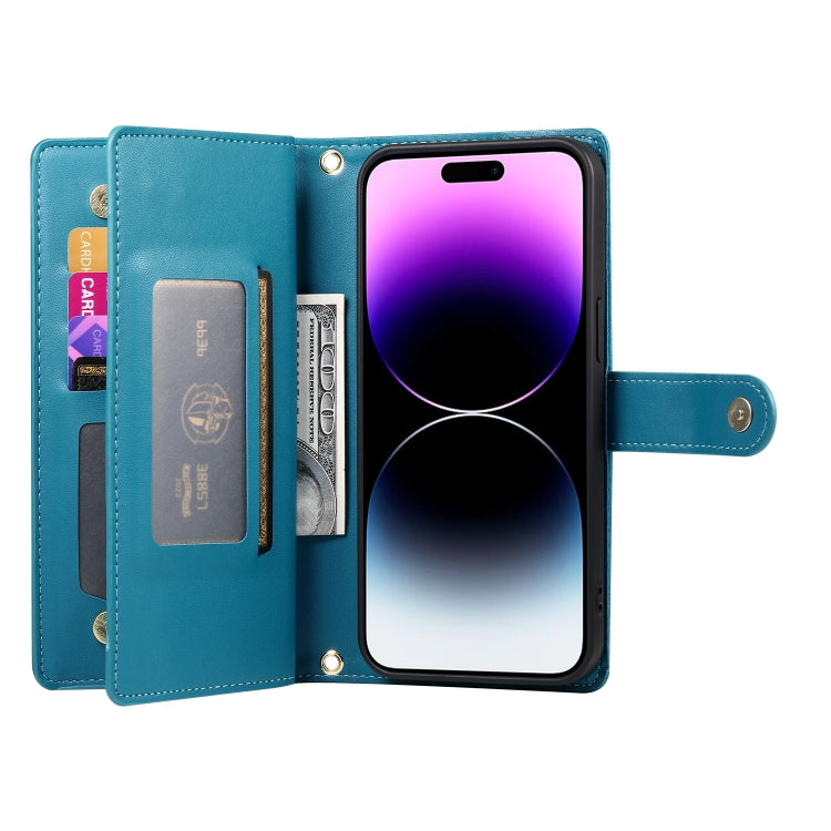 For iPhone 14 Pro Max Nine Card-slot Zipper Wallet Bag Leather Phone Case(Blue) - iPhone 14 Pro Max Cases by buy2fix | Online Shopping UK | buy2fix