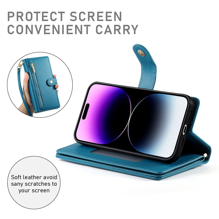 For iPhone 14 Pro Max Nine Card-slot Zipper Wallet Bag Leather Phone Case(Blue) - iPhone 14 Pro Max Cases by buy2fix | Online Shopping UK | buy2fix