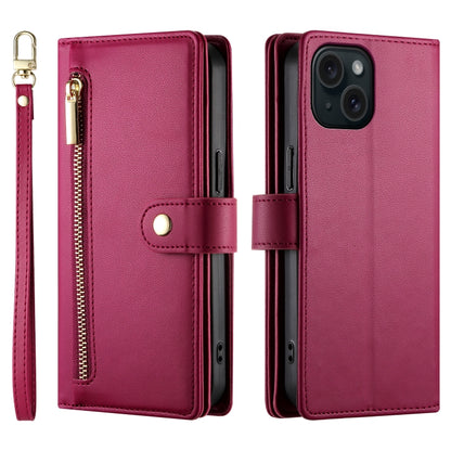 For iPhone 15 Nine Card-slot Zipper Wallet Bag Leather Phone Case(Red) - iPhone 15 Cases by buy2fix | Online Shopping UK | buy2fix