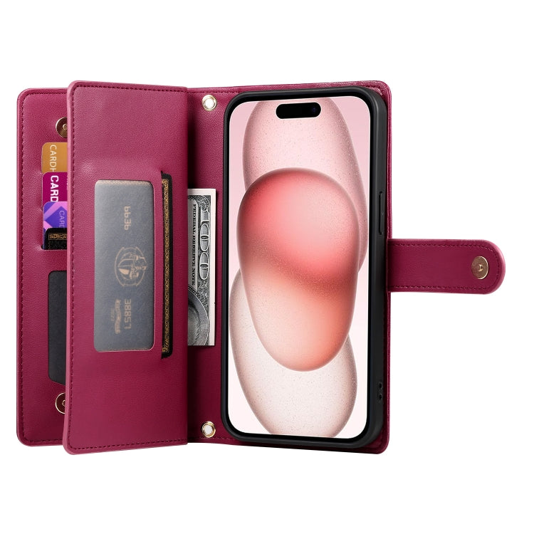 For iPhone 15 Nine Card-slot Zipper Wallet Bag Leather Phone Case(Red) - iPhone 15 Cases by buy2fix | Online Shopping UK | buy2fix