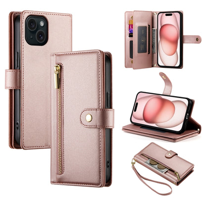 For iPhone 15 Nine Card-slot Zipper Wallet Bag Leather Phone Case(Pink) - iPhone 15 Cases by buy2fix | Online Shopping UK | buy2fix