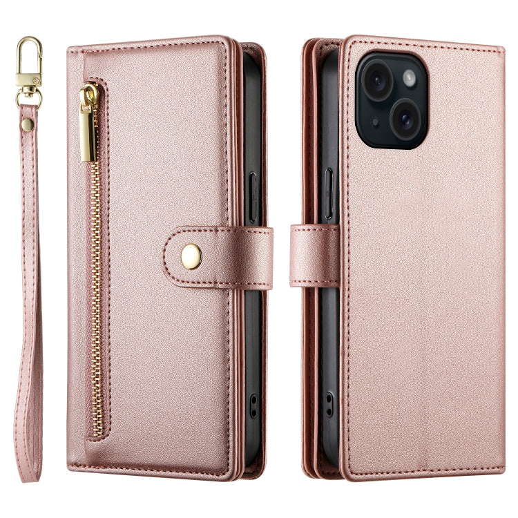 For iPhone 15 Nine Card-slot Zipper Wallet Bag Leather Phone Case(Pink) - iPhone 15 Cases by buy2fix | Online Shopping UK | buy2fix