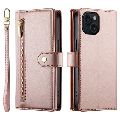 For iPhone 15 Nine Card-slot Zipper Wallet Bag Leather Phone Case(Pink) - iPhone 15 Cases by buy2fix | Online Shopping UK | buy2fix