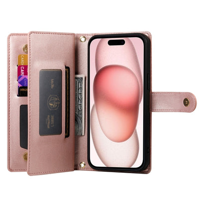 For iPhone 15 Nine Card-slot Zipper Wallet Bag Leather Phone Case(Pink) - iPhone 15 Cases by buy2fix | Online Shopping UK | buy2fix