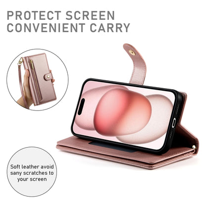 For iPhone 15 Nine Card-slot Zipper Wallet Bag Leather Phone Case(Pink) - iPhone 15 Cases by buy2fix | Online Shopping UK | buy2fix