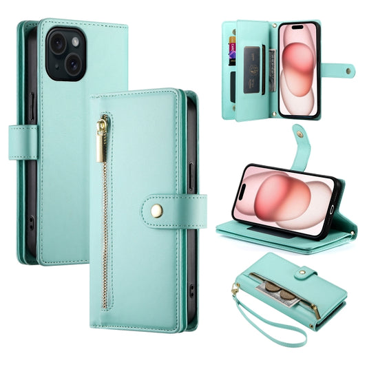 For iPhone 15 Nine Card-slot Zipper Wallet Bag Leather Phone Case(Mint Green) - iPhone 15 Cases by buy2fix | Online Shopping UK | buy2fix