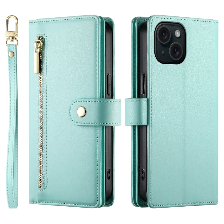 For iPhone 15 Nine Card-slot Zipper Wallet Bag Leather Phone Case(Mint Green) - iPhone 15 Cases by buy2fix | Online Shopping UK | buy2fix