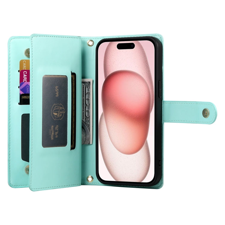 For iPhone 15 Nine Card-slot Zipper Wallet Bag Leather Phone Case(Mint Green) - iPhone 15 Cases by buy2fix | Online Shopping UK | buy2fix