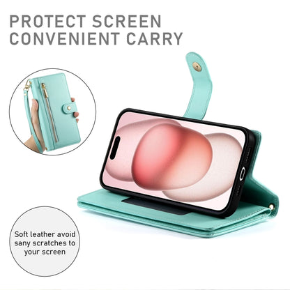 For iPhone 15 Nine Card-slot Zipper Wallet Bag Leather Phone Case(Mint Green) - iPhone 15 Cases by buy2fix | Online Shopping UK | buy2fix