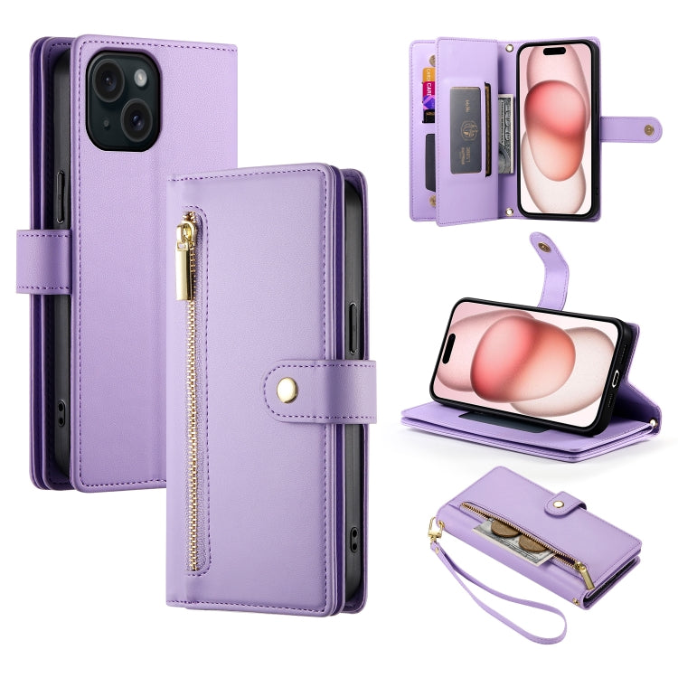 For iPhone 15 Nine Card-slot Zipper Wallet Bag Leather Phone Case(Purple) - iPhone 15 Cases by buy2fix | Online Shopping UK | buy2fix