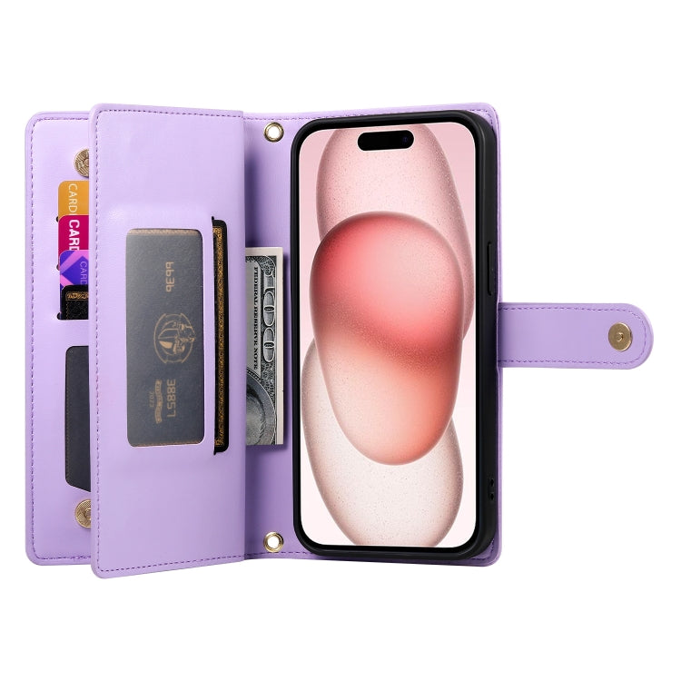 For iPhone 15 Nine Card-slot Zipper Wallet Bag Leather Phone Case(Purple) - iPhone 15 Cases by buy2fix | Online Shopping UK | buy2fix