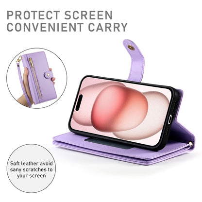 For iPhone 15 Nine Card-slot Zipper Wallet Bag Leather Phone Case(Purple) - iPhone 15 Cases by buy2fix | Online Shopping UK | buy2fix