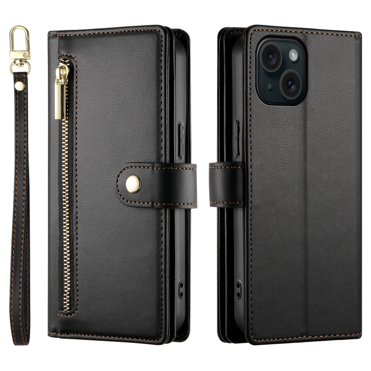 For iPhone 15 Nine Card-slot Zipper Wallet Bag Leather Phone Case(Black) - iPhone 15 Cases by buy2fix | Online Shopping UK | buy2fix