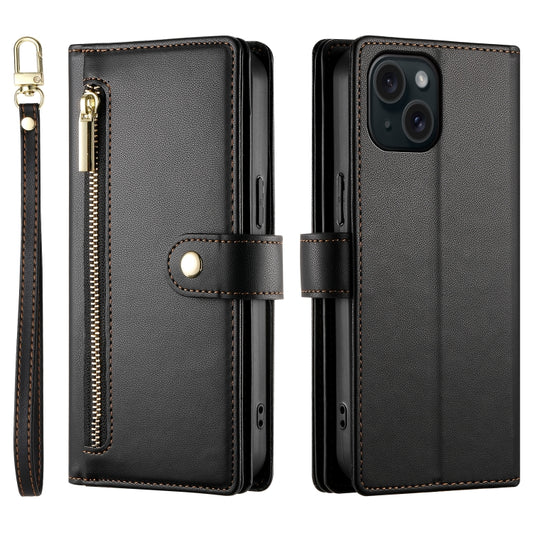 For iPhone 15 Nine Card-slot Zipper Wallet Bag Leather Phone Case(Black) - iPhone 15 Cases by buy2fix | Online Shopping UK | buy2fix