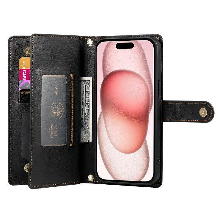 For iPhone 15 Nine Card-slot Zipper Wallet Bag Leather Phone Case(Black) - iPhone 15 Cases by buy2fix | Online Shopping UK | buy2fix