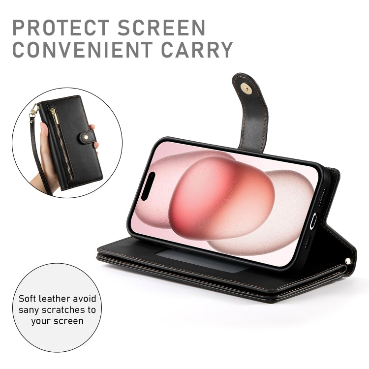 For iPhone 15 Nine Card-slot Zipper Wallet Bag Leather Phone Case(Black) - iPhone 15 Cases by buy2fix | Online Shopping UK | buy2fix