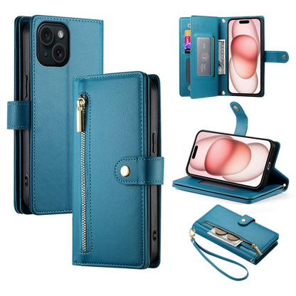 For iPhone 15 Nine Card-slot Zipper Wallet Bag Leather Phone Case(Blue) - iPhone 15 Cases by buy2fix | Online Shopping UK | buy2fix