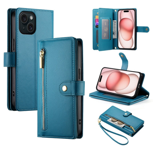 For iPhone 15 Nine Card-slot Zipper Wallet Bag Leather Phone Case(Blue) - iPhone 15 Cases by buy2fix | Online Shopping UK | buy2fix