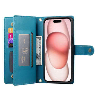 For iPhone 15 Nine Card-slot Zipper Wallet Bag Leather Phone Case(Blue) - iPhone 15 Cases by buy2fix | Online Shopping UK | buy2fix