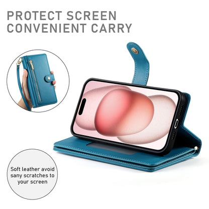 For iPhone 15 Nine Card-slot Zipper Wallet Bag Leather Phone Case(Blue) - iPhone 15 Cases by buy2fix | Online Shopping UK | buy2fix