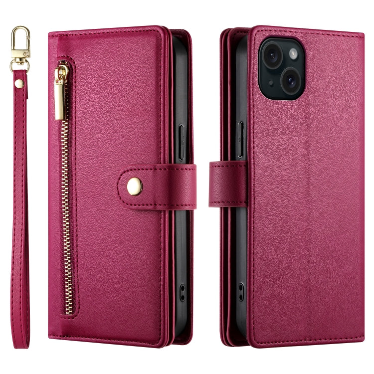 For iPhone 15 Plus Nine Card-slot Zipper Wallet Bag Leather Phone Case(Red) - iPhone 15 Plus Cases by buy2fix | Online Shopping UK | buy2fix