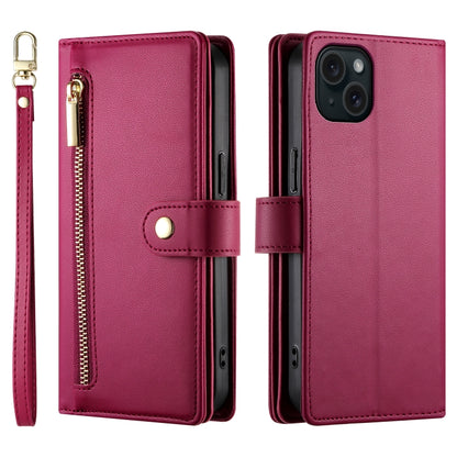 For iPhone 15 Plus Nine Card-slot Zipper Wallet Bag Leather Phone Case(Red) - iPhone 15 Plus Cases by buy2fix | Online Shopping UK | buy2fix